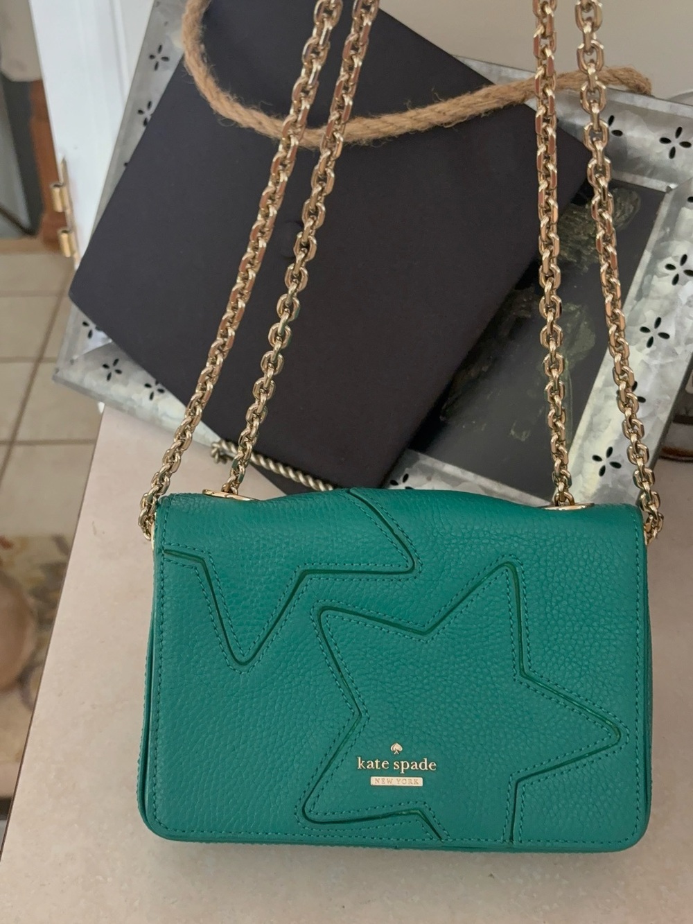 kate spade teal green star appliqué chain crossbody